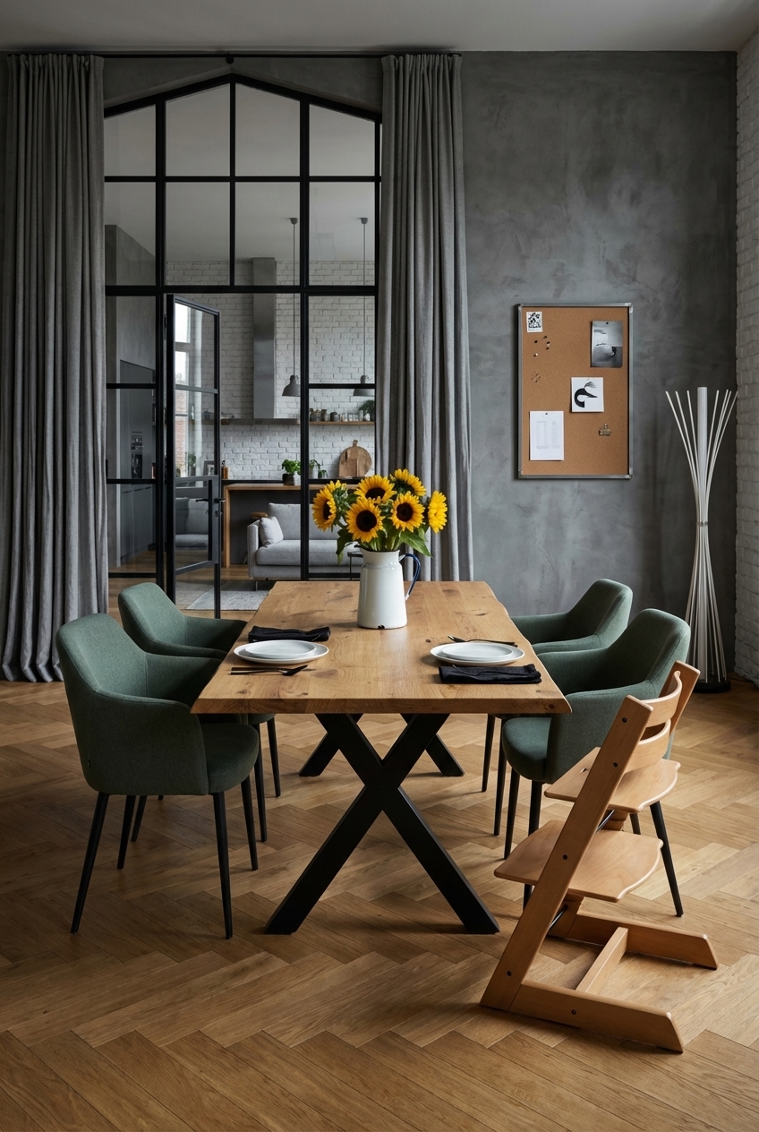 Gedeckte Textilfarben und Polsterstühle in gedämpftem Grün um einen massiven Esstisch aus Wildeiche