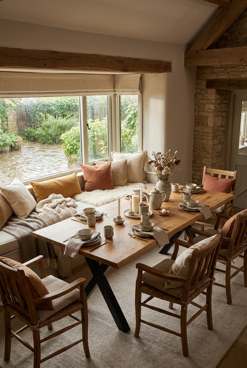 Esszimmer mit Sitzfenster und klappbaren Fächern für Stauraum unter der Sitzfläche