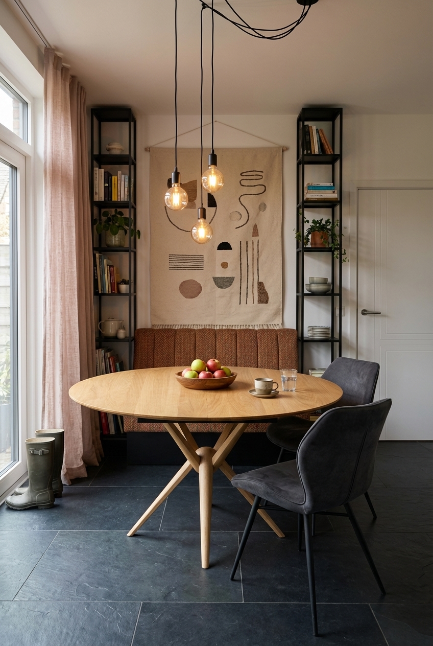 Wandtextil sorgt für Wärme und Akustik, ergänzt von rundem Esstisch Gendt 2 aus Eiche