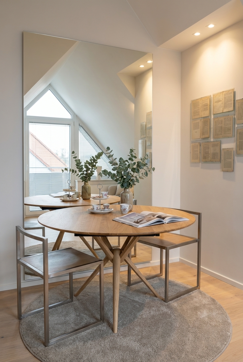 Essplatz in einer Nische mit rundem Esstisch Gendt 2 aus Eiche, der harmonisch integriert ist