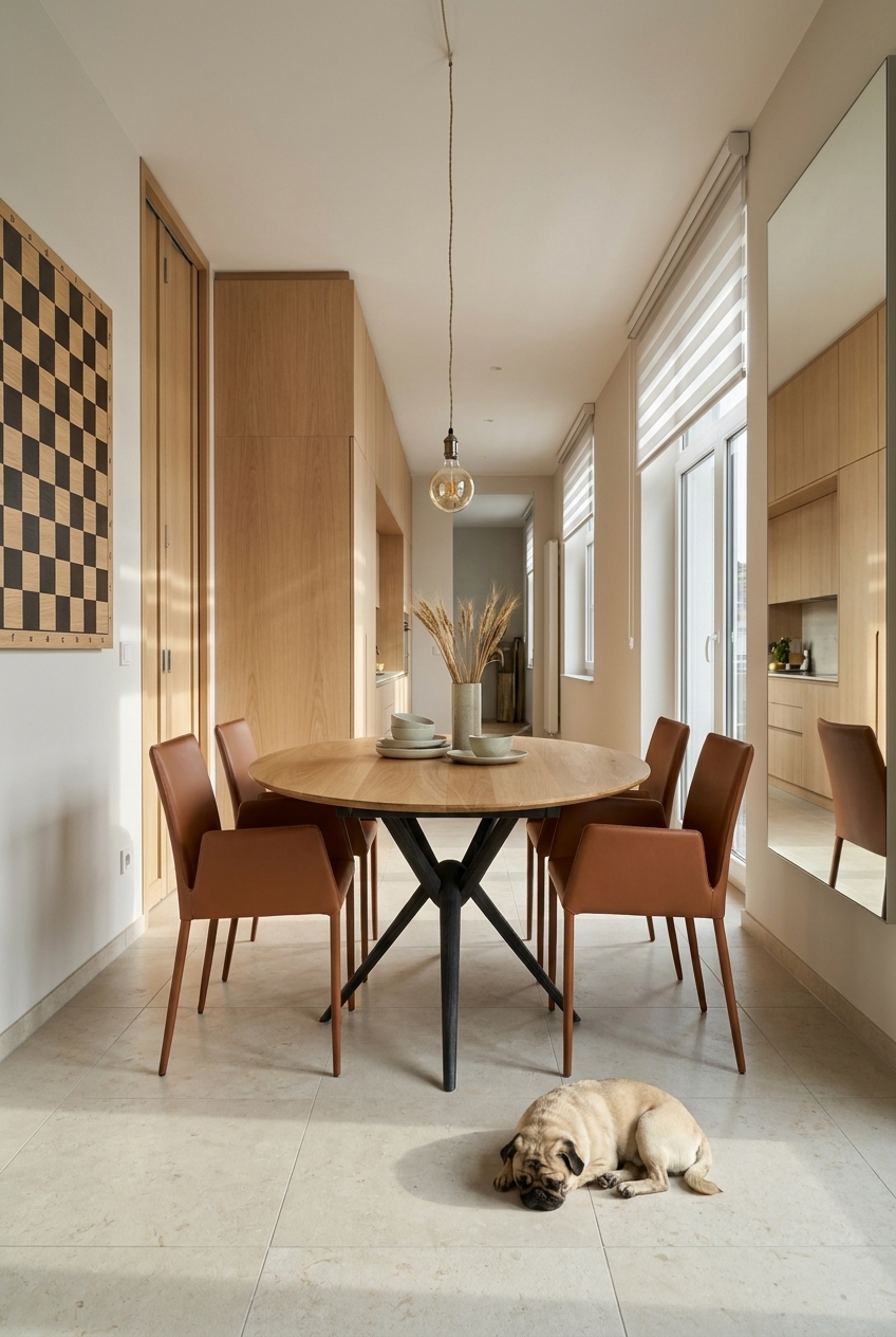 Kombination aus warmen Holztönen und Ledern in einem schmalen Esszimmer