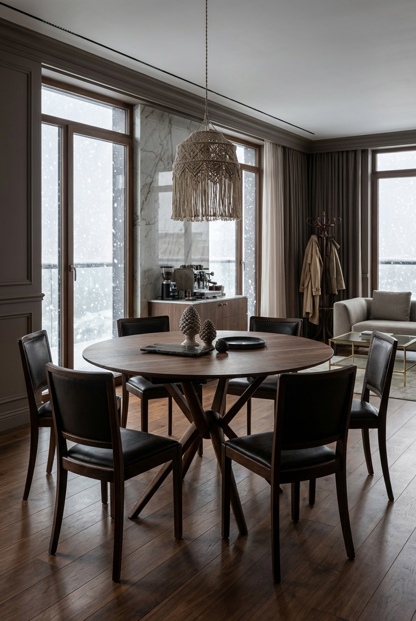 Runder Nussbaum-Esstisch Gendt 2 mit dunklen Lederstühlen, die harmonisch wirken