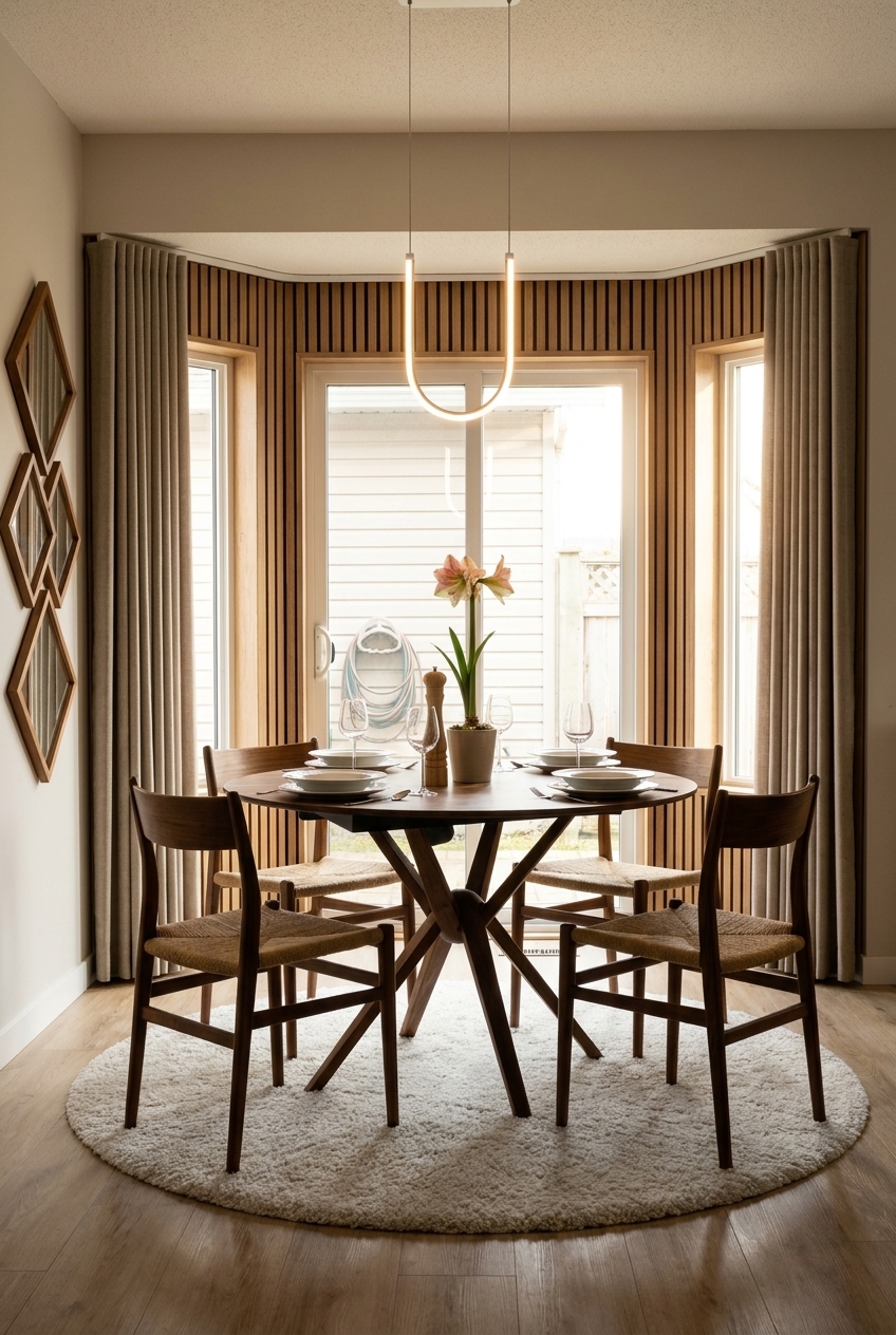Esszimmer mit senkrechten Holzlamellen in der Fensternische und rundem Nussbaum-Esstisch Gendt 2