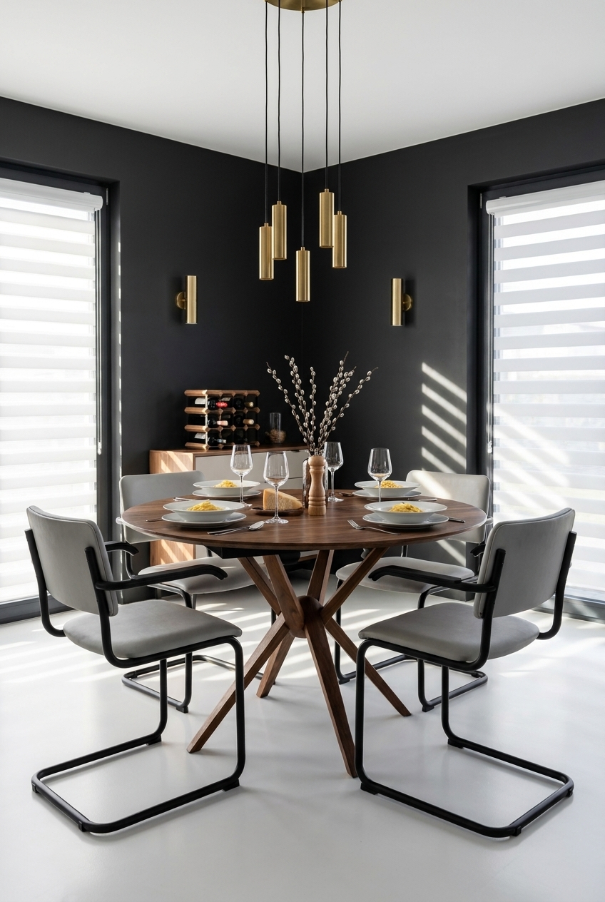Esszimmer mit weißen Zebra-Rollos, die sanftes Licht erzeugen und den runden Esstisch Gendt 2 aus Nussbaum betonen