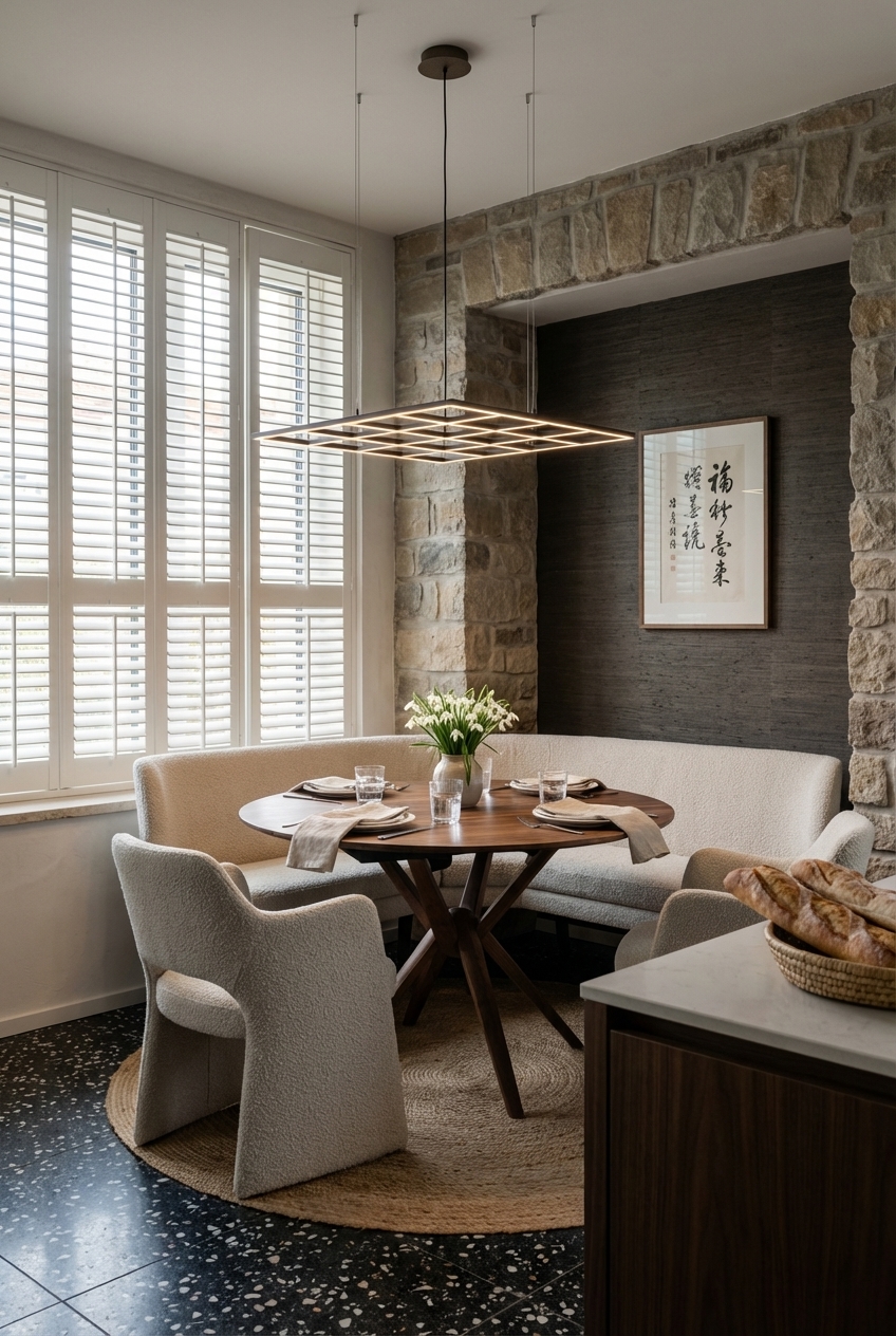 Essplatz mit Natursteinrahmen, der rustikale Tiefe und einladende Weichheit vereint