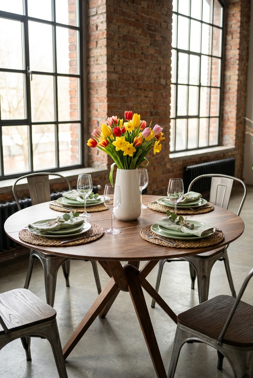 Rustikale Tischdeko mit mattgrünen Keramiktellern auf einem Nussbaumtisch