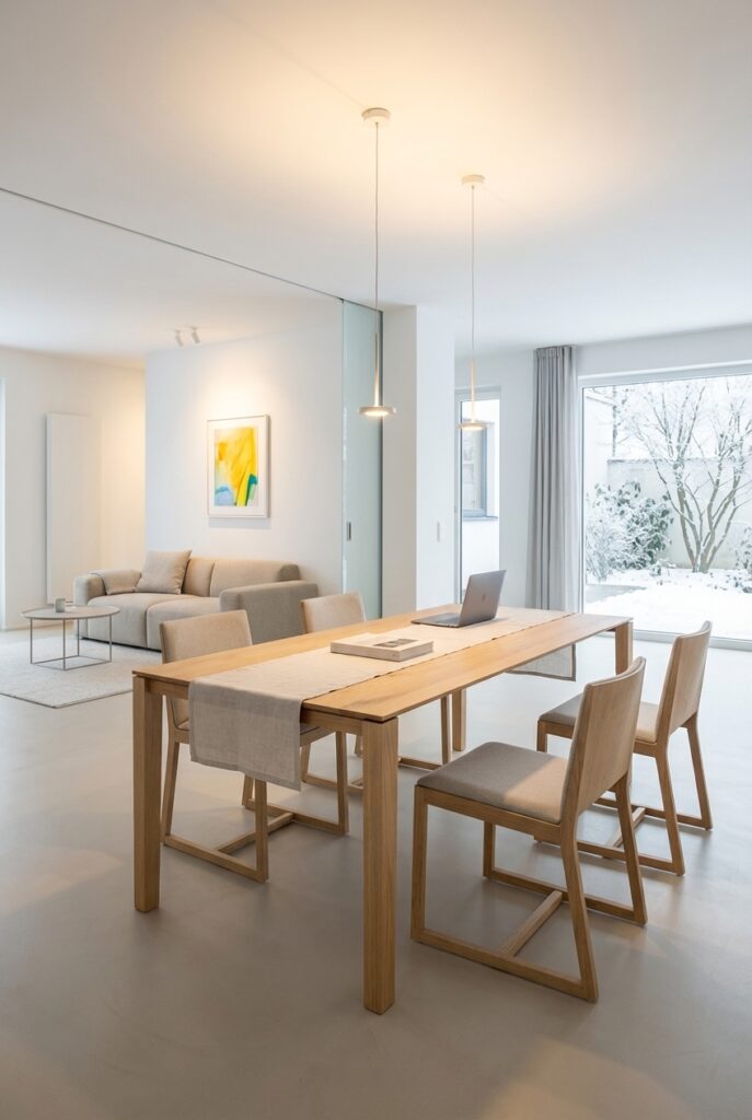 Kleine Essplatzgestaltung mit bankseitigem Sitz und Esstisch Gendt aus Wildeiche