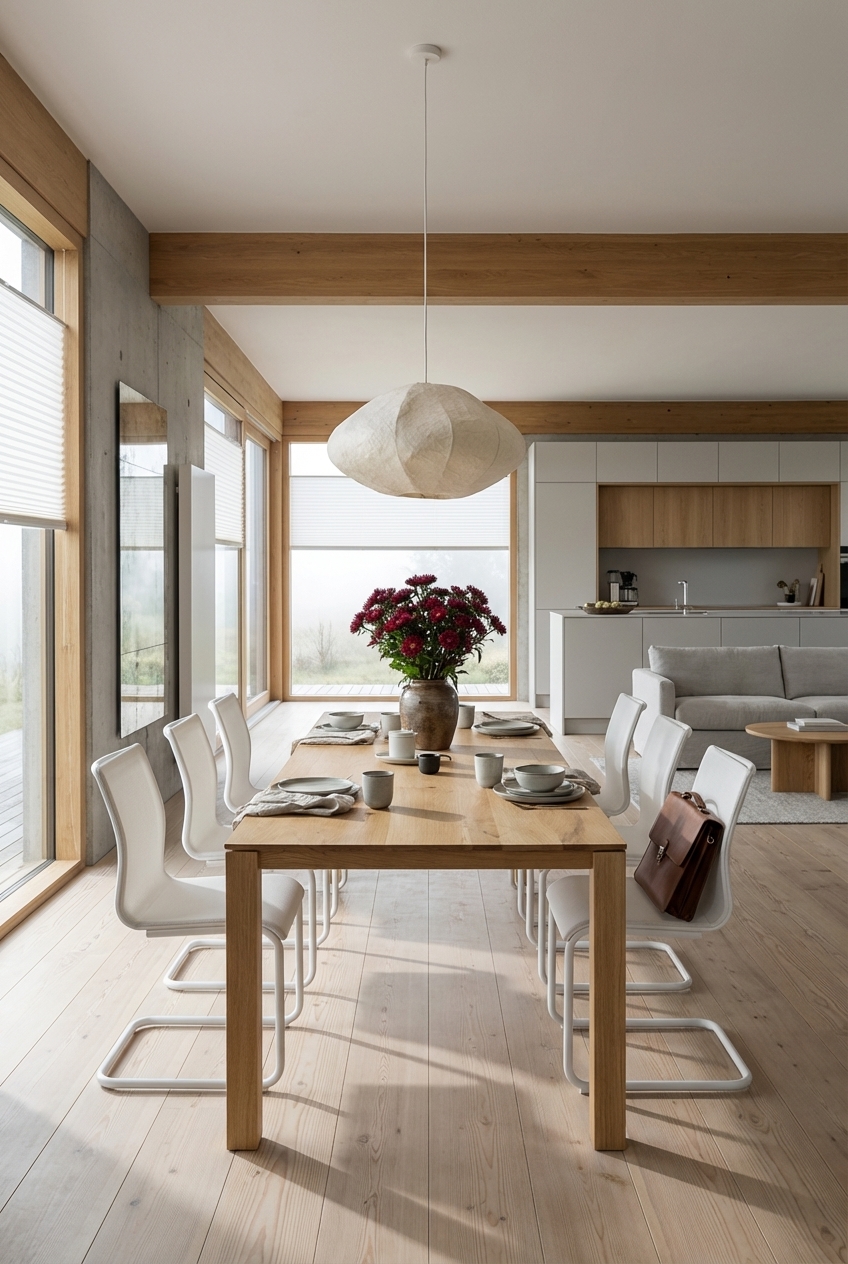 Ein skandinavisches Esszimmer mit dem Esstisch Gendt aus Wildeiche und weißen Freischwingern, abgestimmt auf den warmen Holzton des Bodens