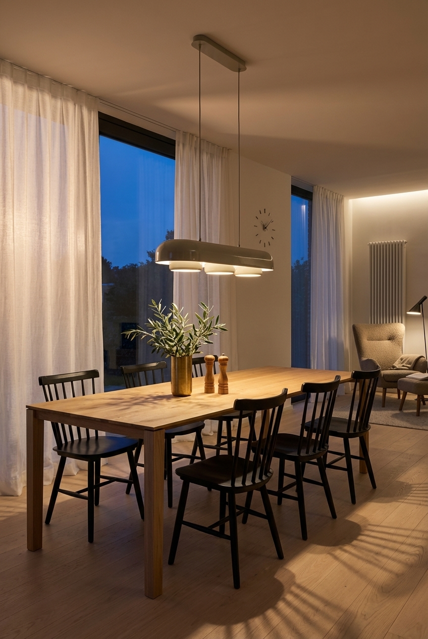 Indirekte LED-Beleuchtung unterstreicht den Essbereich um den Esstisch Gendt aus Wildeiche.