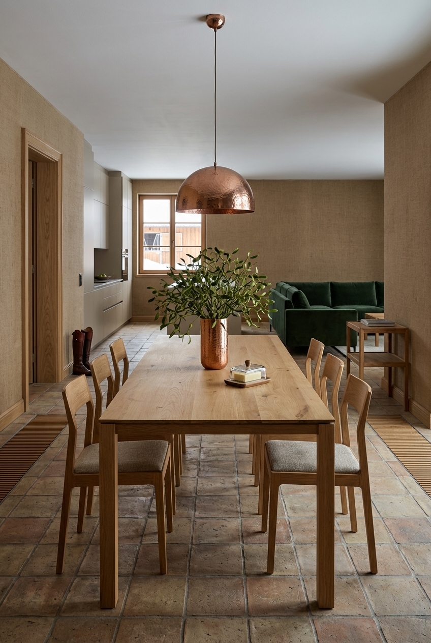 Kupferne Pendelleuchte über dem länglichen Esstisch Gendt aus Wildeiche sorgt für warmes Licht und modernen Akzent