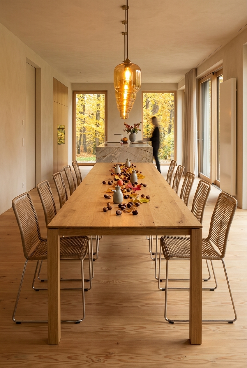 Ein langer Esstisch aus Wildeiche, längs zum Fenster ausgerichtet, schafft eine helle, einladende Atmosphäre im Esszimmer