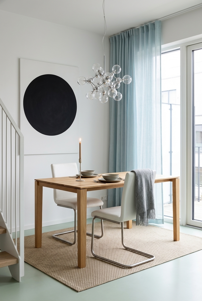 Esszimmer mit großformatigem Wandbild und Esstisch Gendt aus Wildeiche, der harmonisch integriert ist