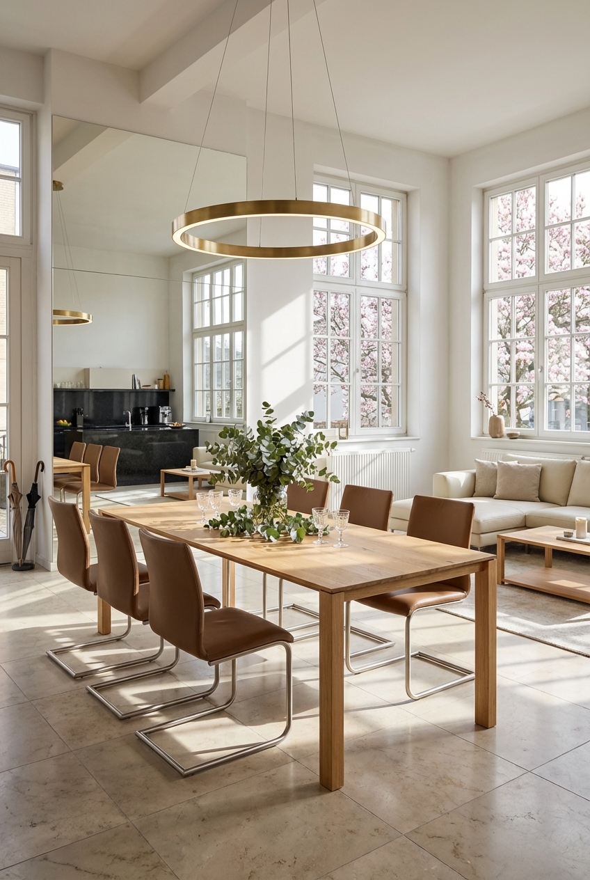 Heller Essbereich mit Ausziehtisch Gendt aus Wildeiche und Sprossenfenstern