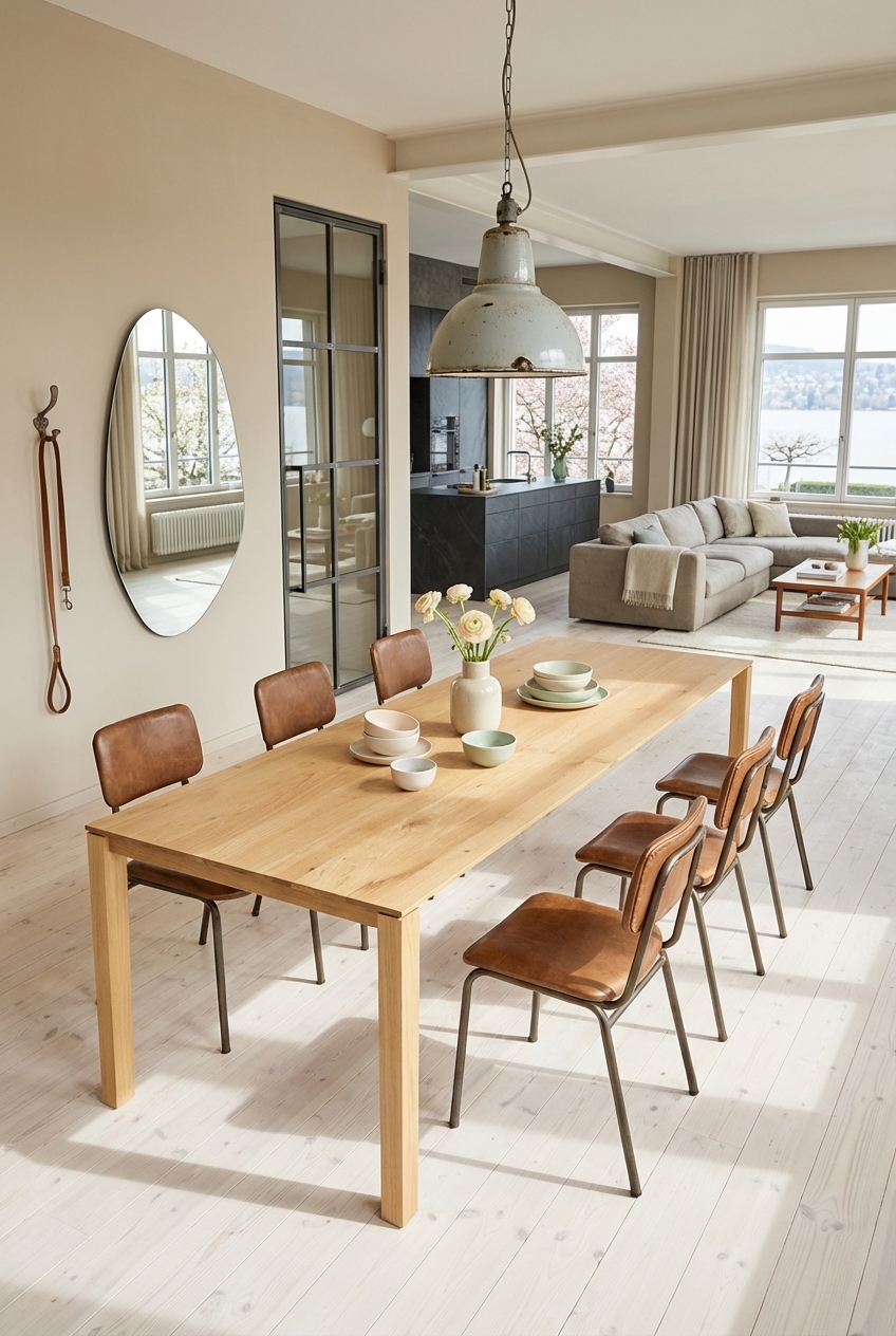 Ein großer, rahmenloser Spiegel an einer beigen Wand reflektiert Licht im Essbereich mit dem Esstisch Gendt aus Wildeiche.