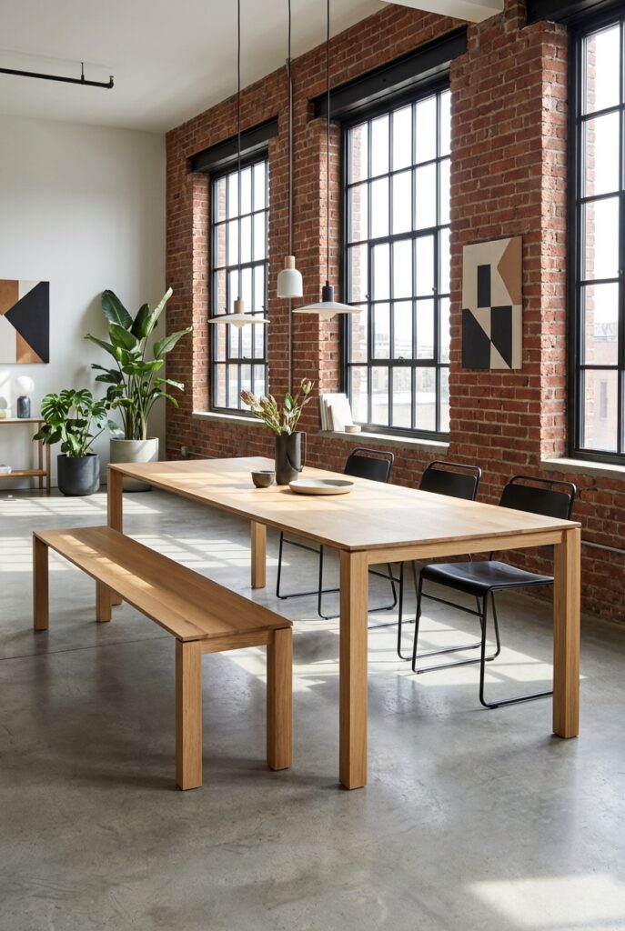Modernes Esszimmer mit geometrischer Wanddeko und Esstisch Gendt aus Wildeiche