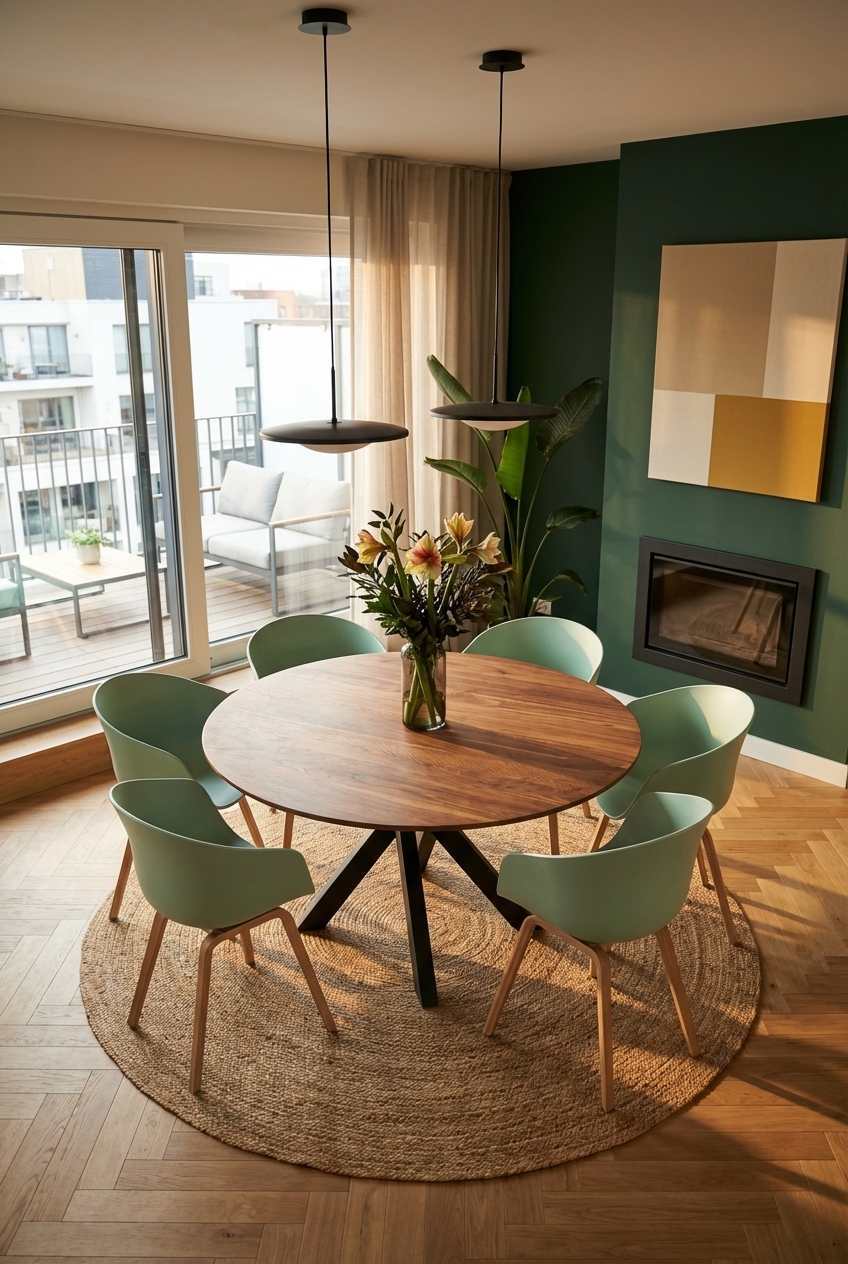 Esszimmer mit sattem Grün, rundem Esstisch Gendt und Jute-Teppich, harmonische Formen