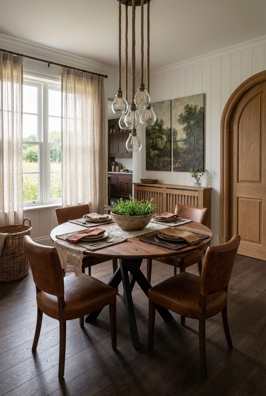 Runder Esstisch aus Wildnussbaum mit Lederstühlen für gesellige Abende