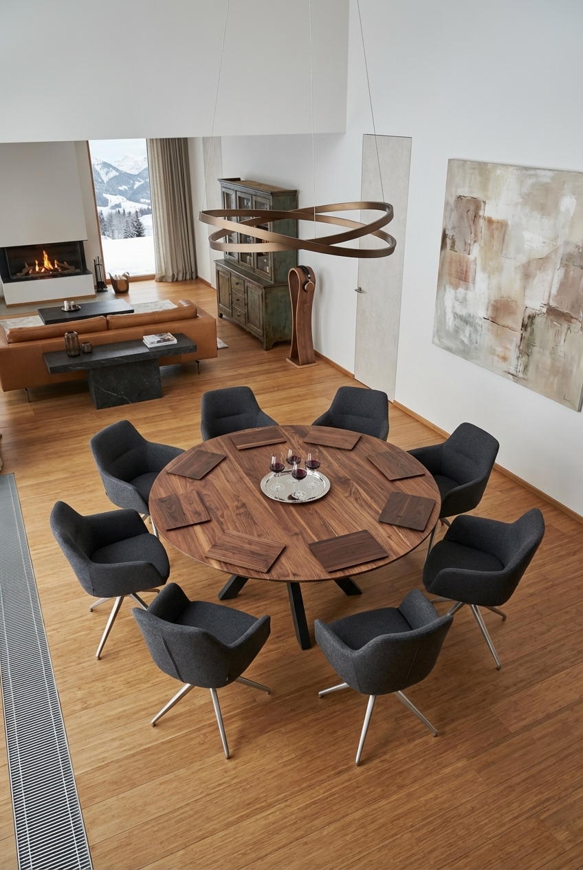 Essbereich mit doppelter Raumhöhe und rundem Esstisch aus Wildnussbaum, schlichte Eleganz