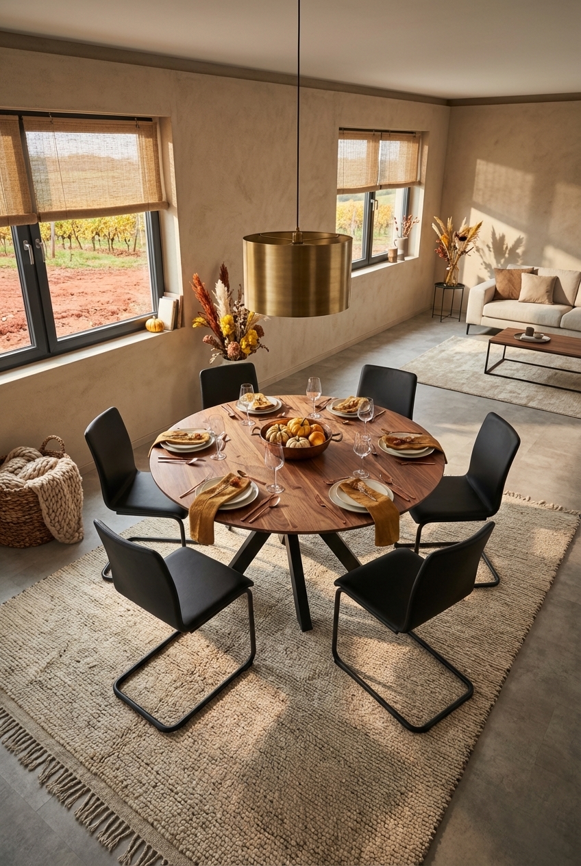 Runder Esszimmertisch Gendt aus Wildnussbaum mit schwarzem Metallgestell in einem einladenden Boho-Stil