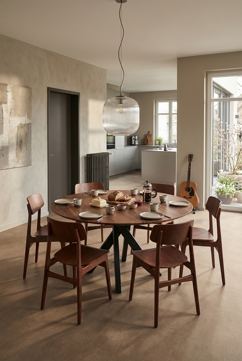 Runder Esstisch Gendt aus Wildnussbaum vor sanften, verputzten Wänden