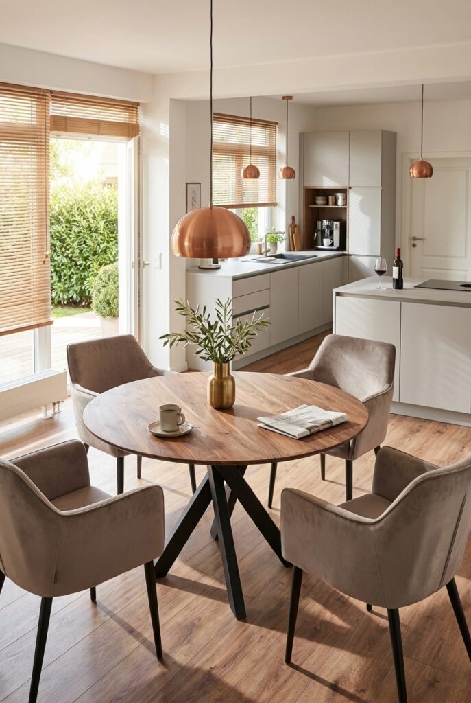 Runder Esstisch Gendt aus Wildnussbaum, ideal für fließende Übergänge zum Wohnzimmer