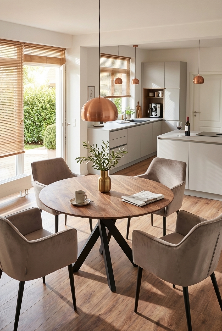 Runder Esstisch Gendt aus Wildnussbaum, ideal für fließende Übergänge zum Wohnzimmer