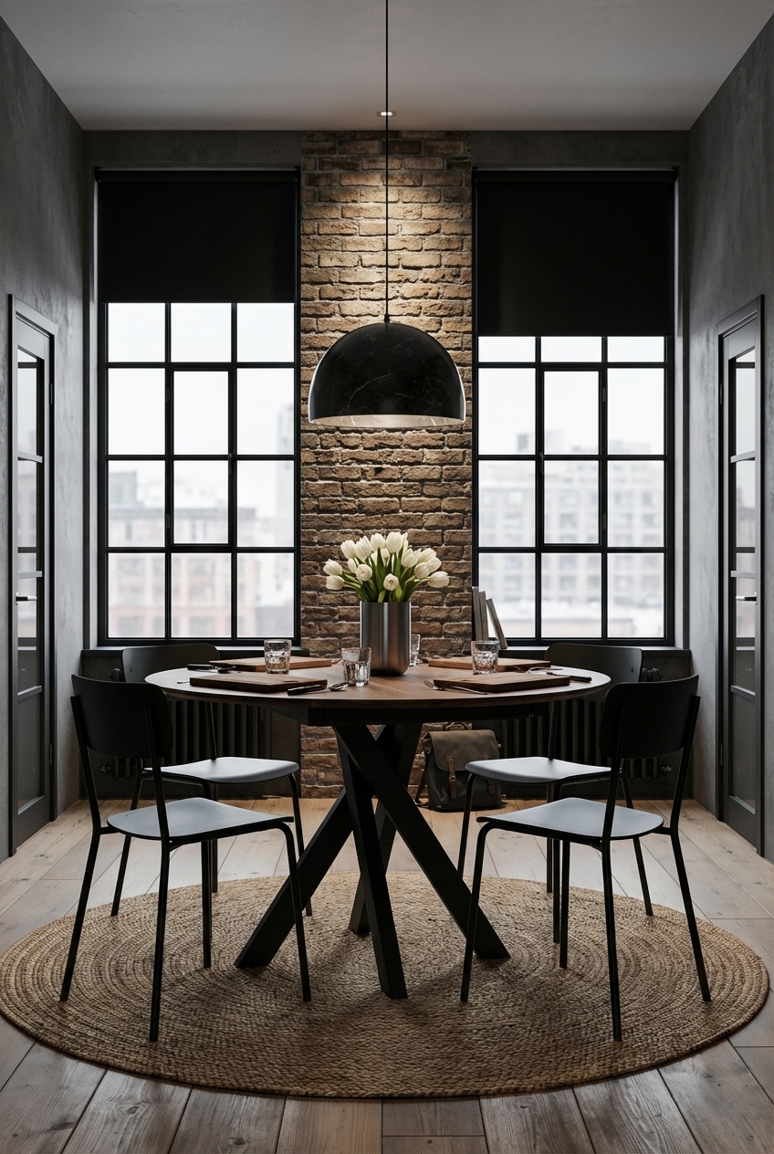 Essbereich vor Backsteinwand mit rundem Esstisch Gendt aus Wildnussbaum