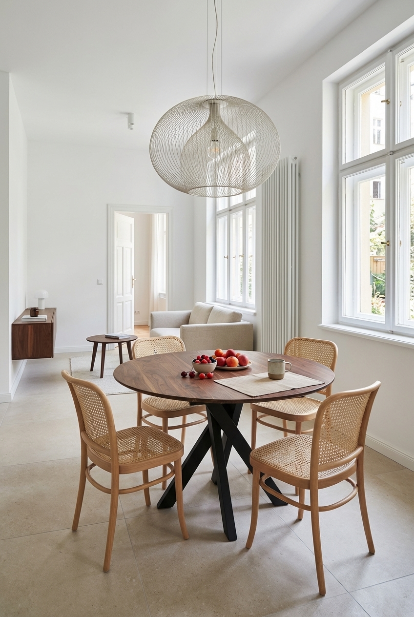 Runder Esstisch Gendt aus Wildnussbaum fördert Bewegungsfreiheit im kleinen Wohnzimmer