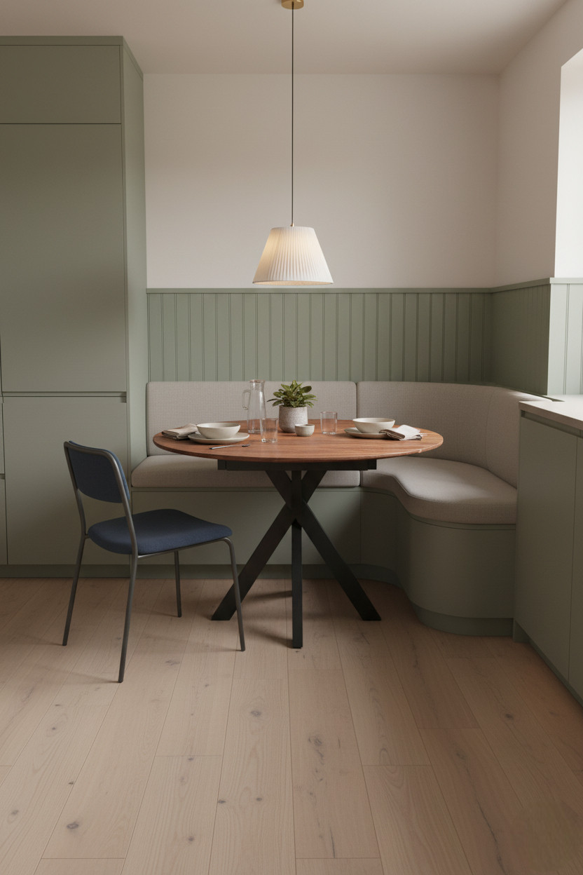 Eckbank in der Raumecke mit rundem Ausziehtisch Gendt schafft Platz und klare Formen