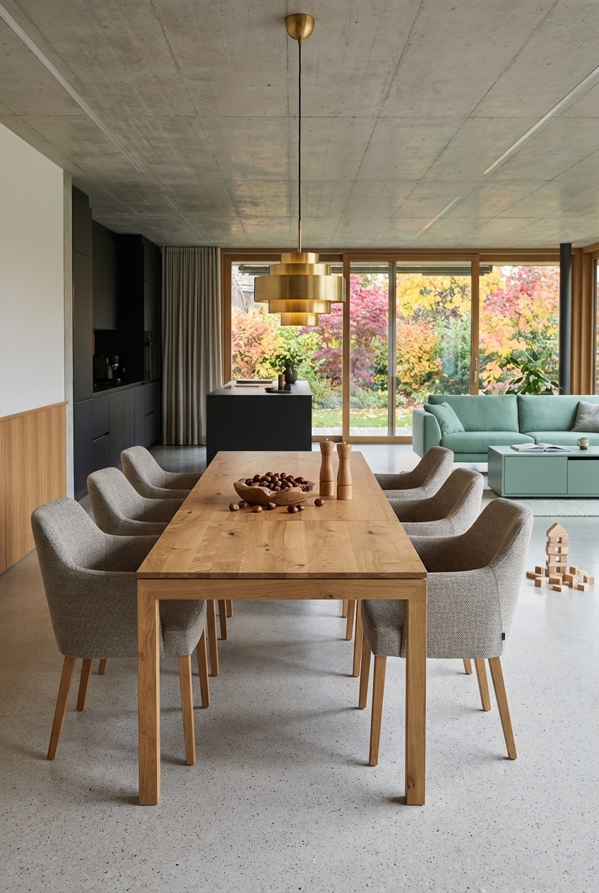 Esszimmer mit ausziehbarem Esstisch Grado Holz, roher Betondecke und grauen Stühlen.