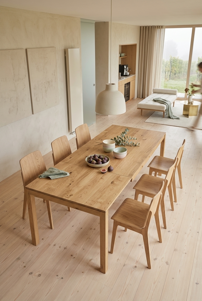 Beige Tischfläche mit Eukalyptuszweigen auf dem Esstisch Grado aus Wildeiche