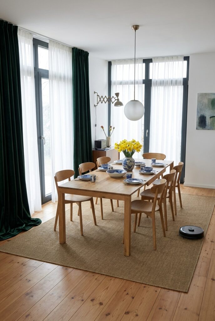 Esszimmer mit Grado Esstisch aus Wildeiche und zweilagigen Vorhängen für sanfte Lichtstreuung
