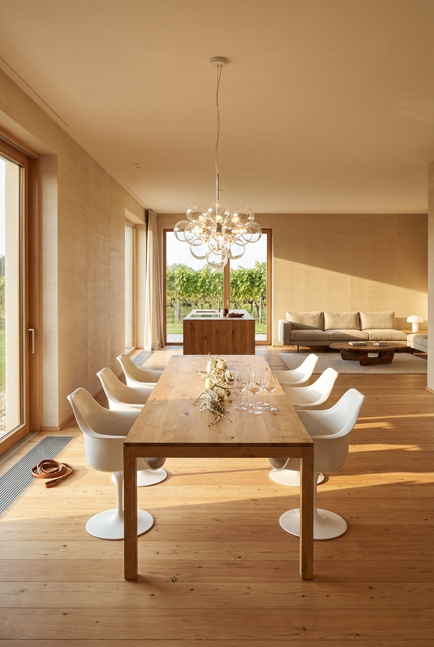 Essbereich mit großem Teppich und Esstisch Grado aus Wildeiche für klare Abgrenzung