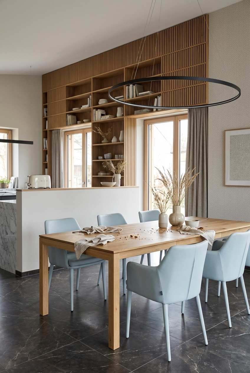 Holzpaneele rahmen offene Regalfächer, hinter denen der Esstisch Grado Holz aus Wildeiche hervorsticht