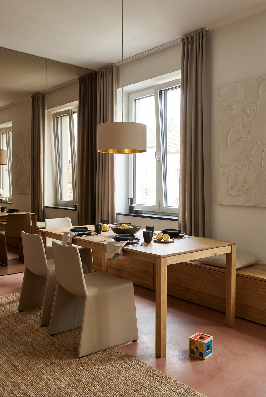 Essplatz in Nische mit großflächigem Spiegel, der den Raum optisch erweitert und Licht reflektiert