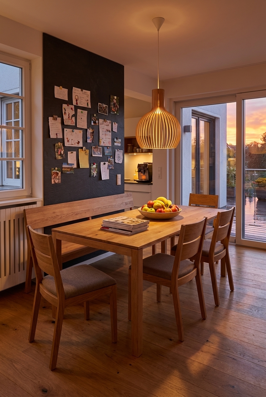 Dunkle Magnetwand im Esszimmer mit Fotos und Notizen, Esstisch Grado Holz aus Wildeiche