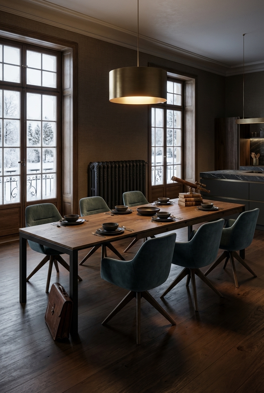 Dunkles Steingut auf einem warmen Wildeiche-Tisch schafft harmonischen Kontrast