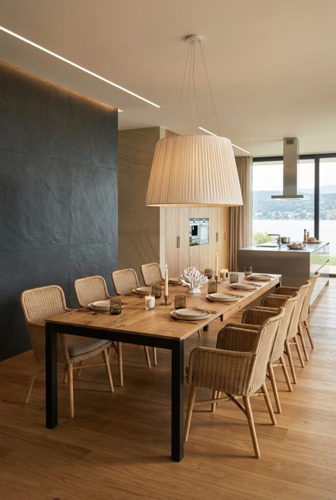 Elegante Kombination aus geflochtenen Stühlen und dem Holztisch Grado Metall Wildeiche