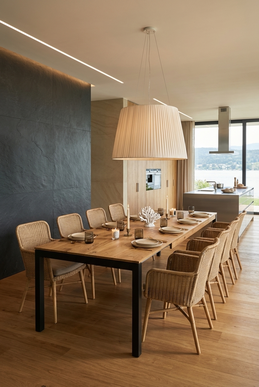 Elegante Kombination aus geflochtenen Stühlen und dem Holztisch Grado Metall Wildeiche