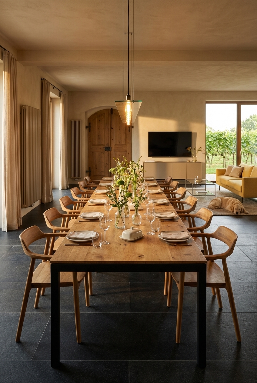 Esszimmer mit einheitlichen Holztönen, Massivholztisch Grado Metall Wildeiche und abgestimmte Stühle