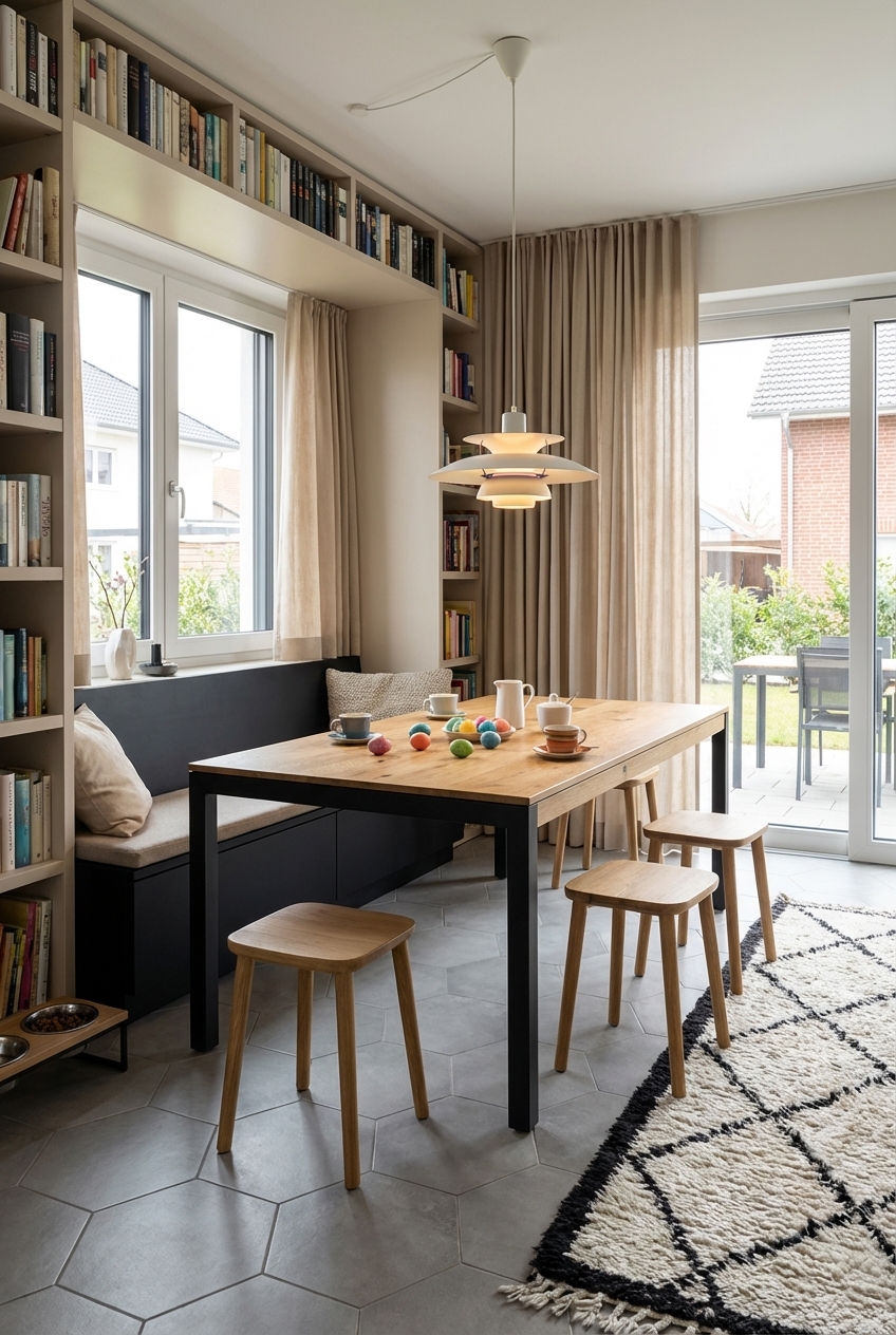 Essplatz mit umlaufenden Regalen und dem Esstisch Grado Metall Wildeiche