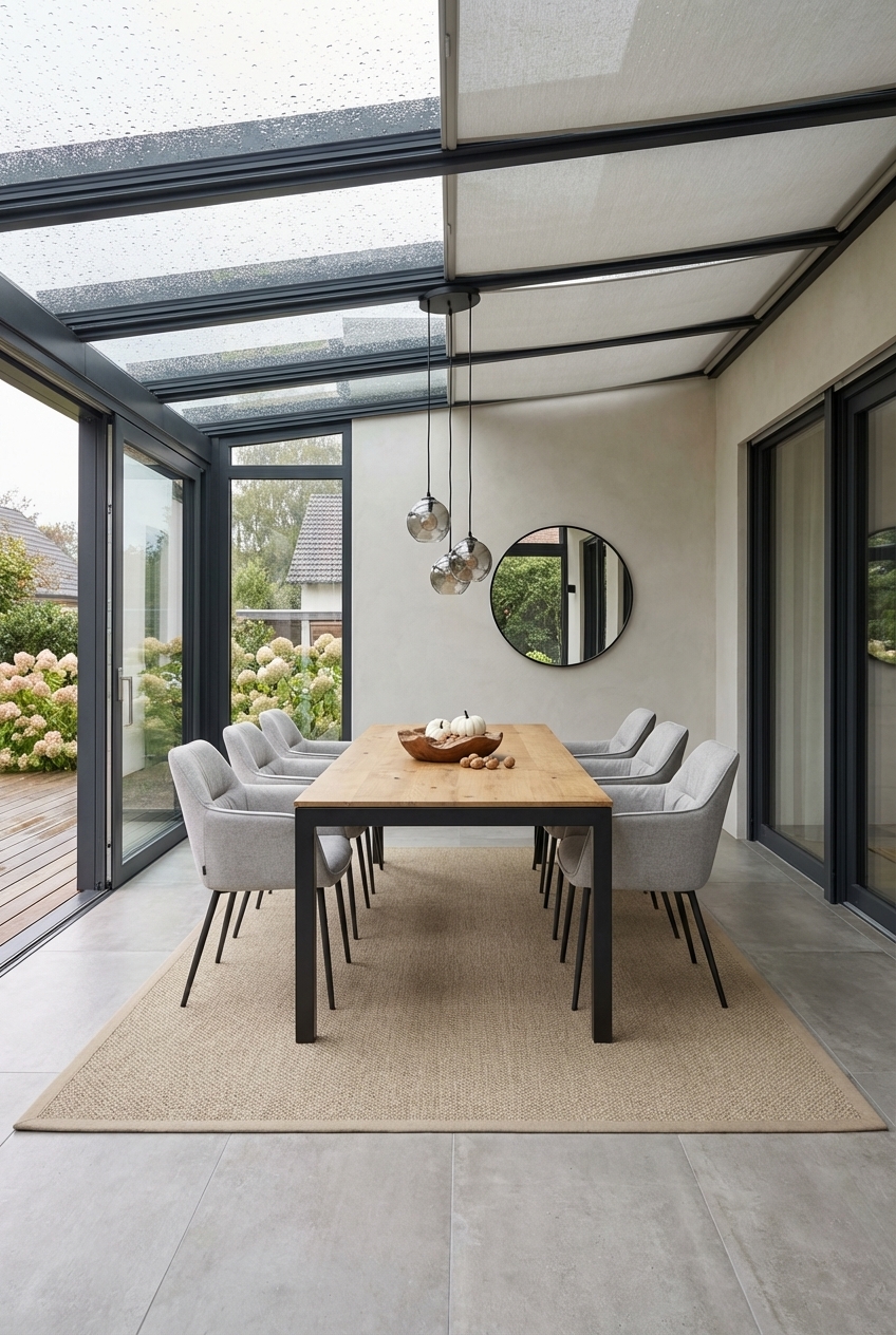 Gemütlicher Essplatz mit gepolsterten Stühlen und dem Esstisch Grado Metall Wildeiche im Wintergarten