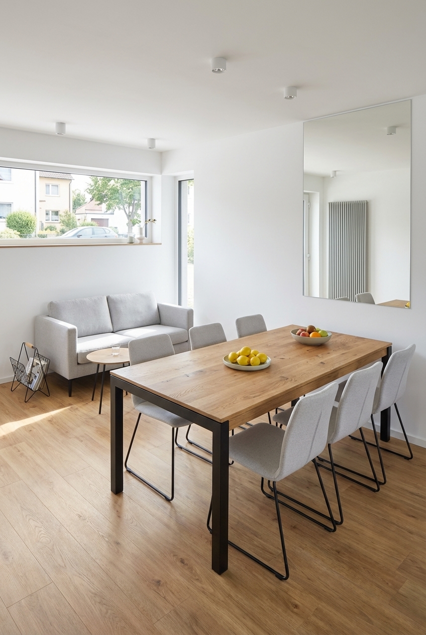 Ein Wandspiegel neben dem Essbereich schafft optische Tiefe und reflektiert Licht, während der Esstisch Grado in Wildeiche und Metall harmonisch integriert ist