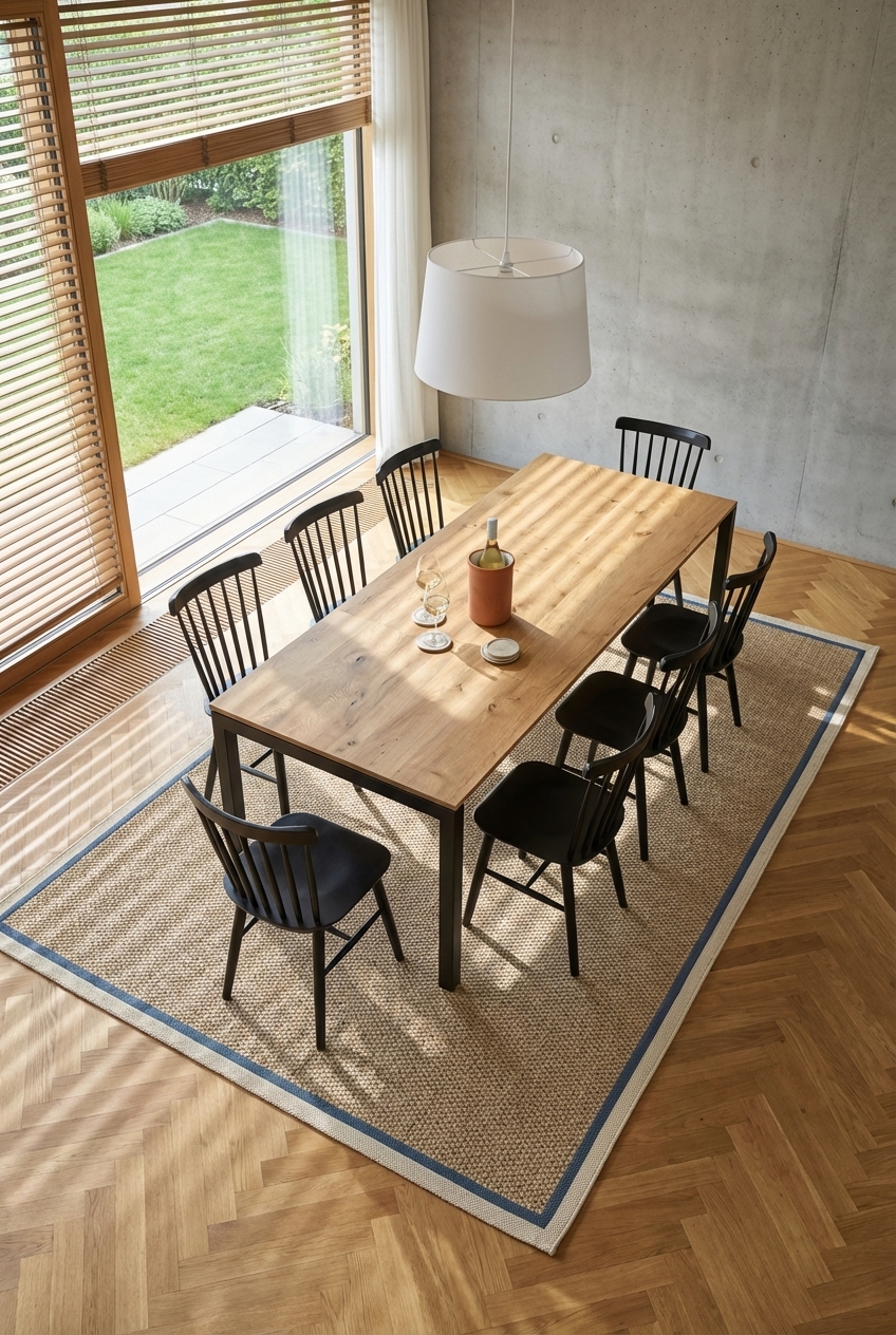 Essbereich mit Teppich und farbiger Bordüre um den Esstisch Grado Metall Wildeiche.