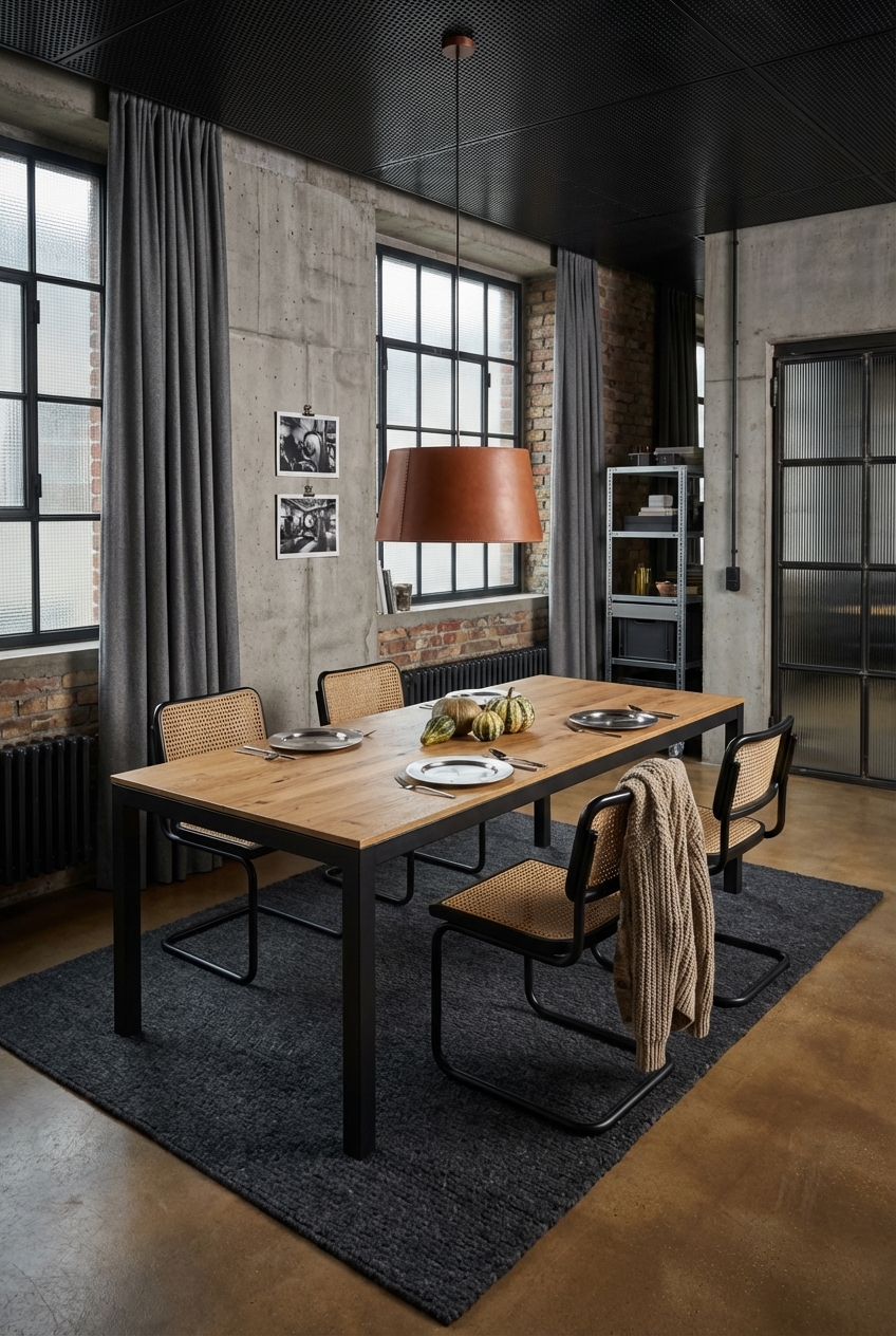 Esszimmer mit Esstisch Grado Metall aus Wildeiche und schwarzen Freischwingern