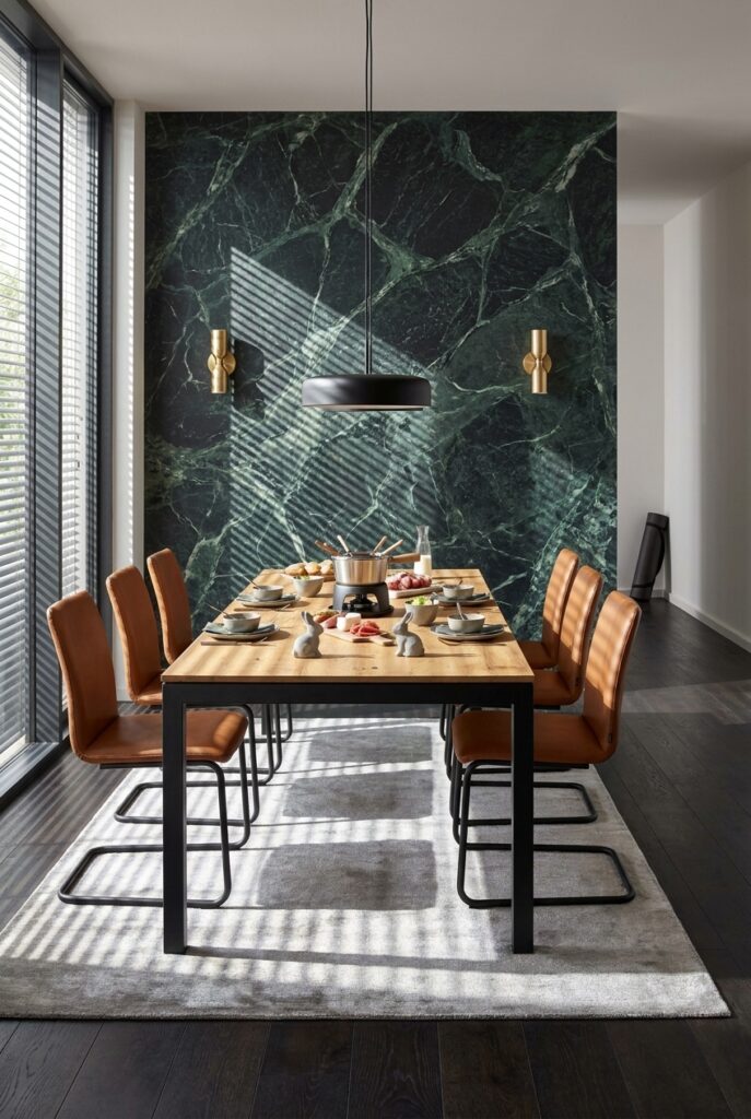 Dunkle Steinoptik-Wand betont helle Möbel und Massivholztisch Grado Metall