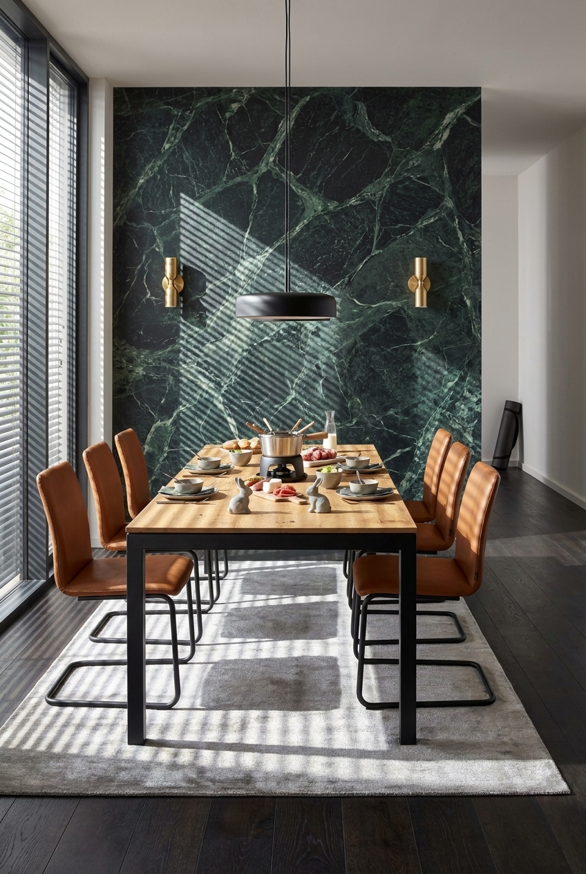 Dunkle Steinoptik-Wand betont helle Möbel und Massivholztisch Grado Metall
