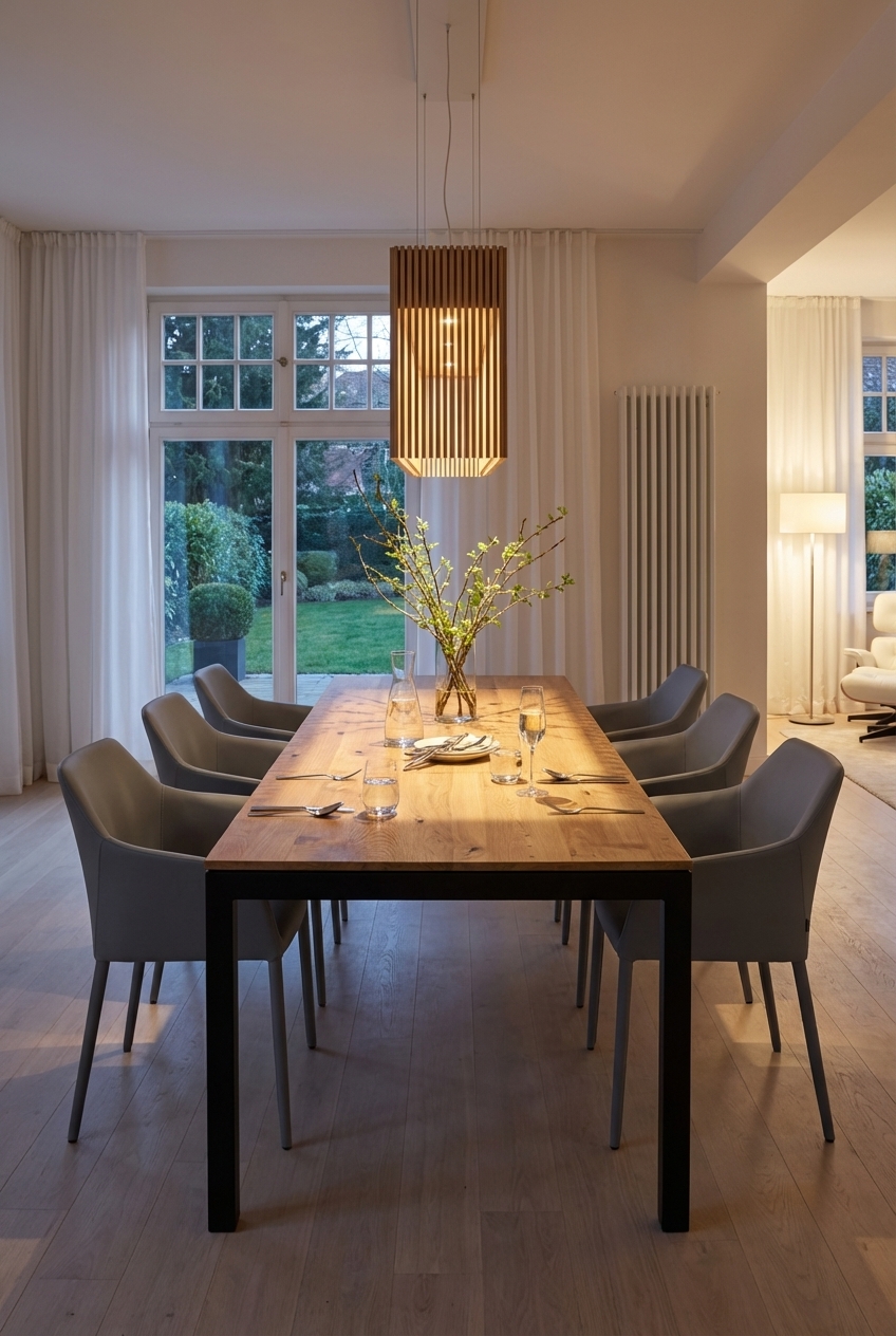 Pendelleuchte mit Holzlamellen über dem Esstisch Grado aus Wildeiche schafft harmonische Verbindung.