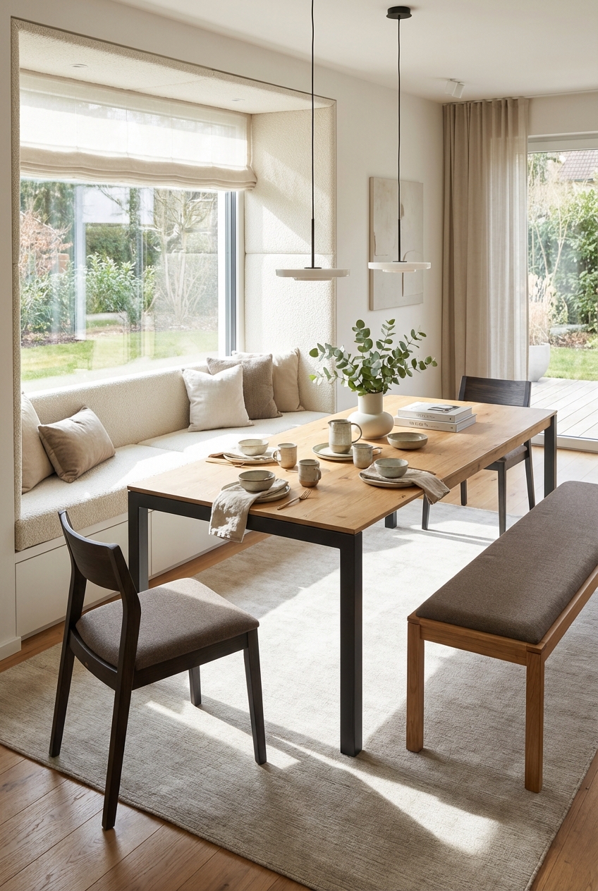 Sitzbank am Fenster verbindet Esszimmer und Wohnzimmer mit durchgehender Sitzgelegenheit