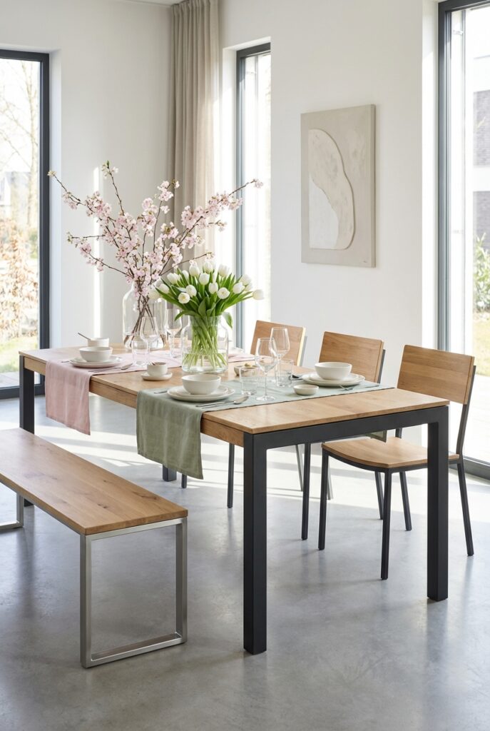 Esstisch Grado mit Wildeichenplatte und schwarzen Metallbeinen, weißen Tulpen, rosa Blütenzweigen und pastellfarbenen Tischläufern vor hohen Fenstern.